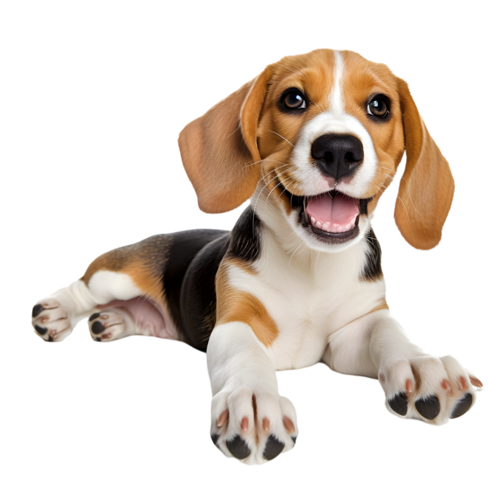 Playful beagle puppy lying on its back indoor setting pet portrait photography cozy environment upward view joy and playfulness png