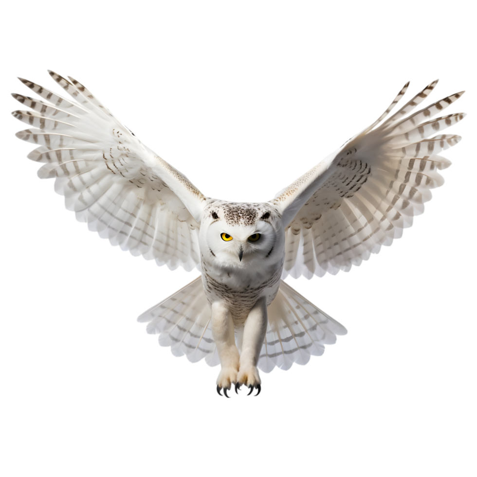 Snowy owl in midflight with wings extended nature scene wildlife photography winter atmosphere captivating moment png