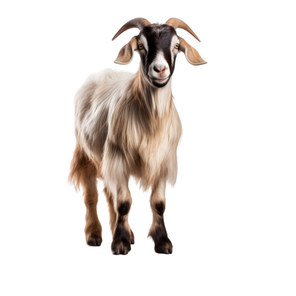 Saanen goat standing on wooden stump in nature animal photography rustic environment close-up perspective png