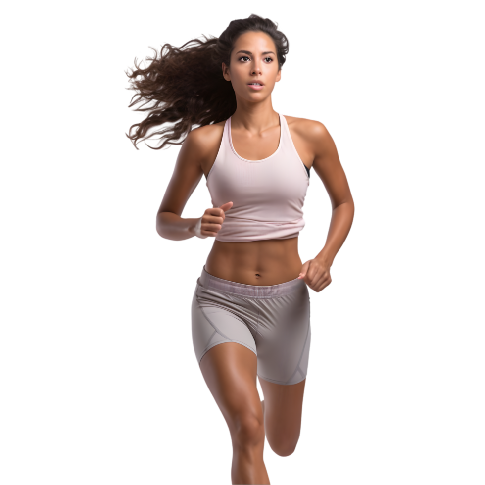 Energetic woman jogging in athletic wear in a park setting action shot dynamic pose focused mood png
