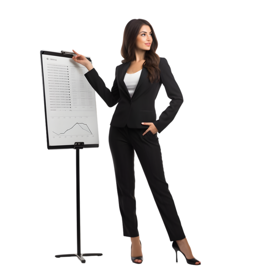 Business presentation a woman in a suit pointing at a virtual chart in a modern office environment png