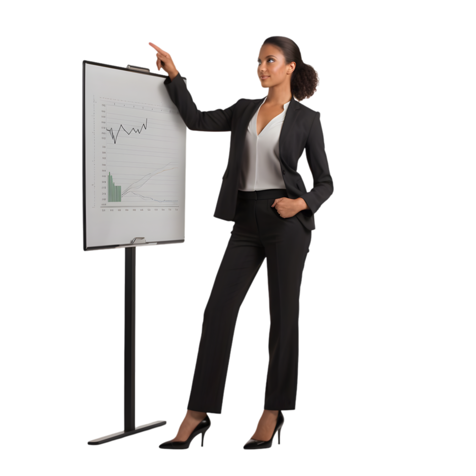 Businesswoman presenting virtual data insights in office setting engaging presentation professional environment png
