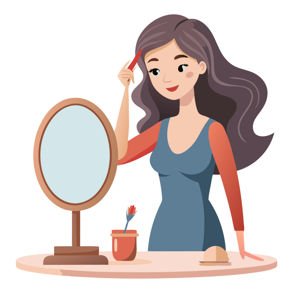 Woman brushing hair at home daily routine digital art cozy atmosphere close-up view self-care concept png