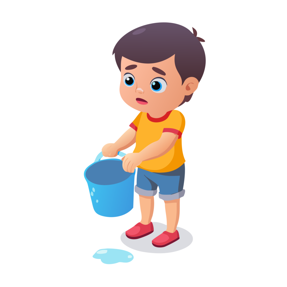 Cartoon child filling a bucket with water park illustration playful environment front view childhood imagination png