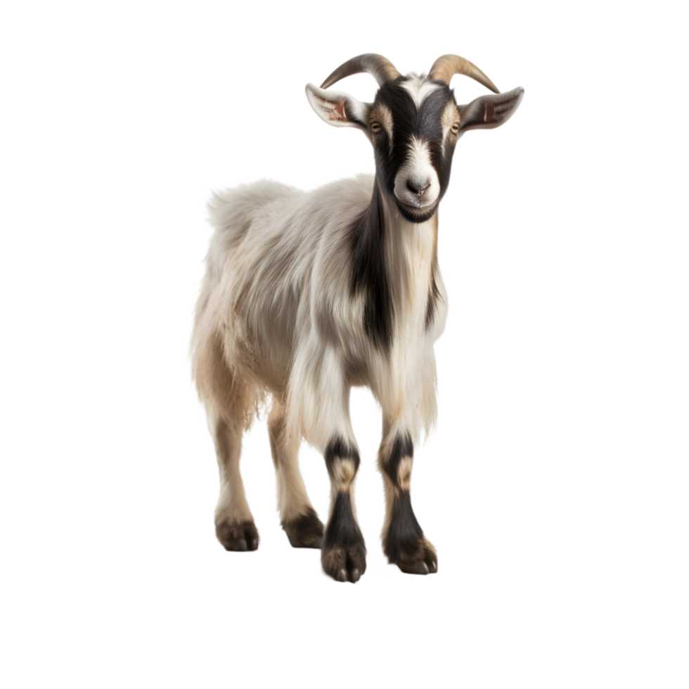 Saanen goat standing on wooden stump farmyard animal photography rustic setting close-up view farm life concept png