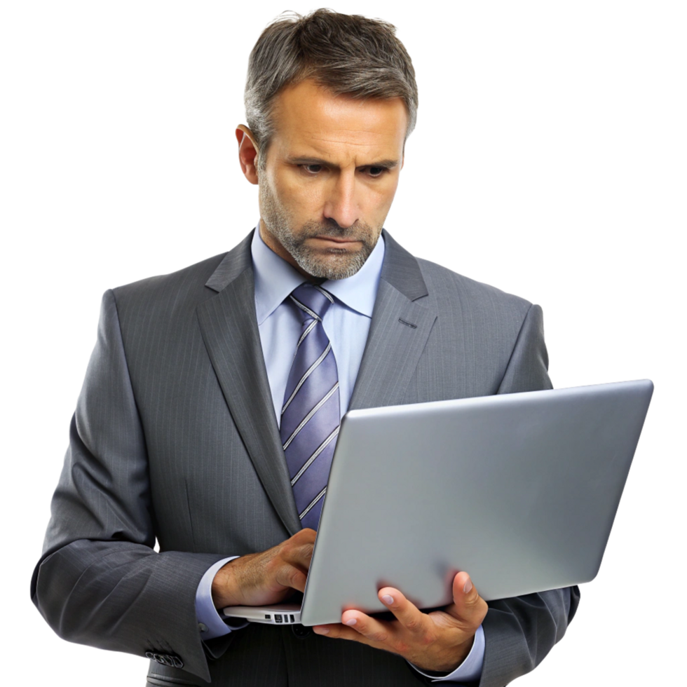 Focused businessman analyzing data on laptop in office environment professional attire serious mood png