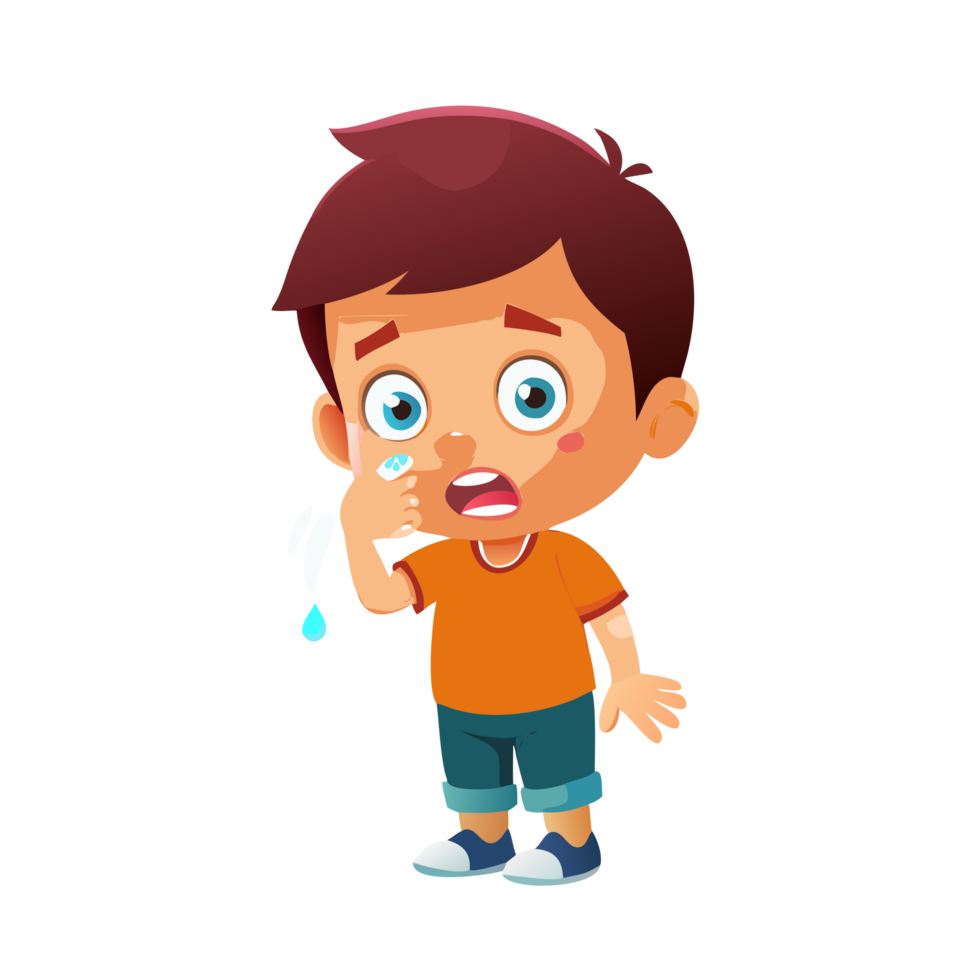Little boy wiping water off his face indoor setting cartoon illustration playful environment close-up view childhood concept png