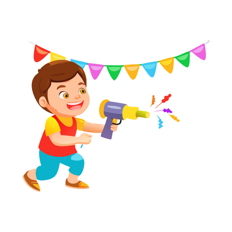 Child playing with colorful water gun at a birthday party cartoon illustration festive atmosphere joyful scene png