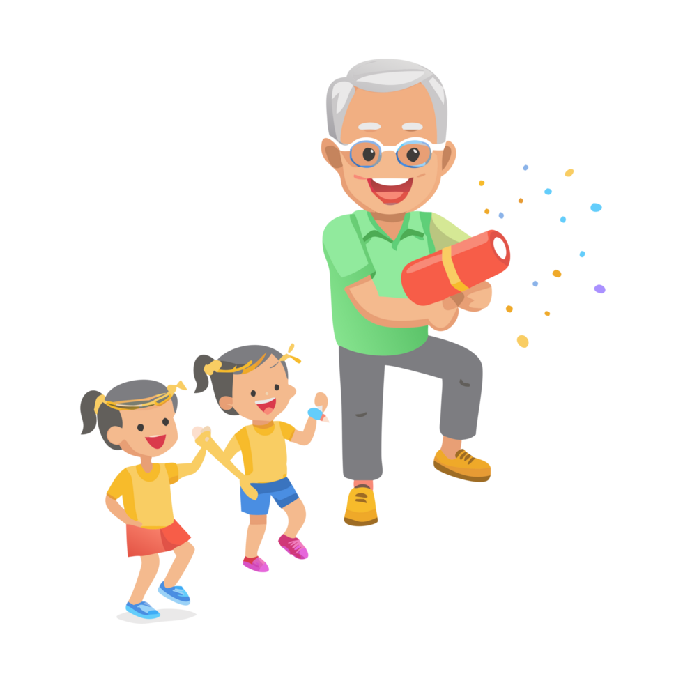 Elderly man celebrates with kids home animated illustration joyful atmosphere playful perspective png