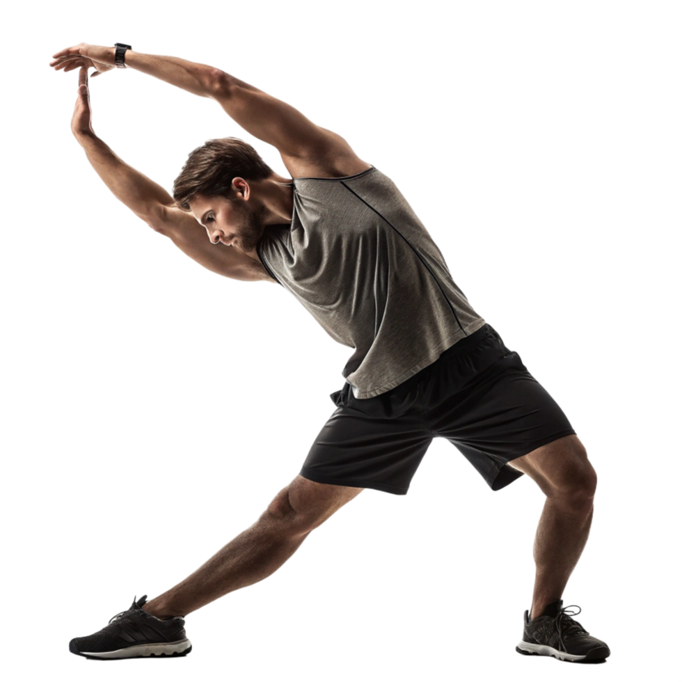 Dynamic stretching routine for fitness enthusiasts in a gym environment captured in a realistic photo png