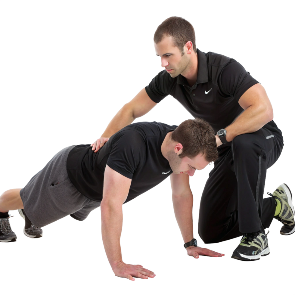 Personal trainer assisting client with push-ups gym fitness session indoor space close-up motivation png