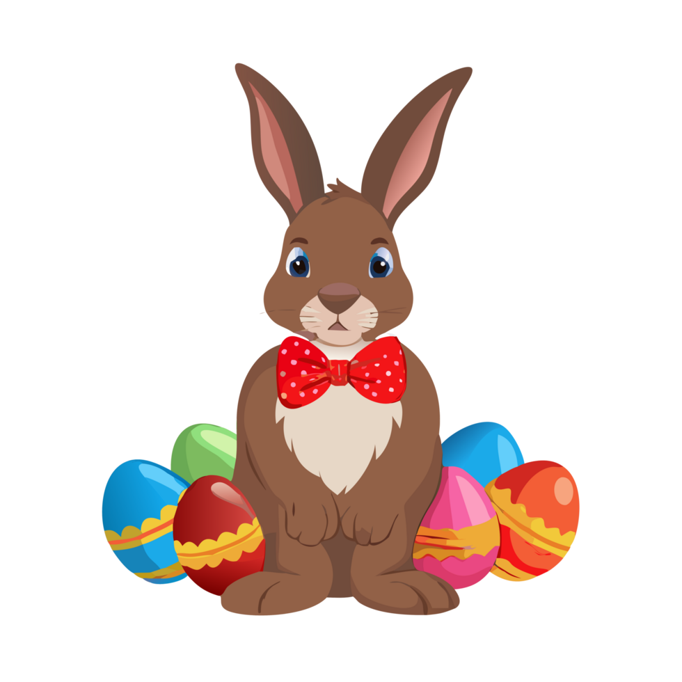 Cute brown rabbit with bow tie surrounded by colorful easter eggs whimsical illustration springtime vibes png