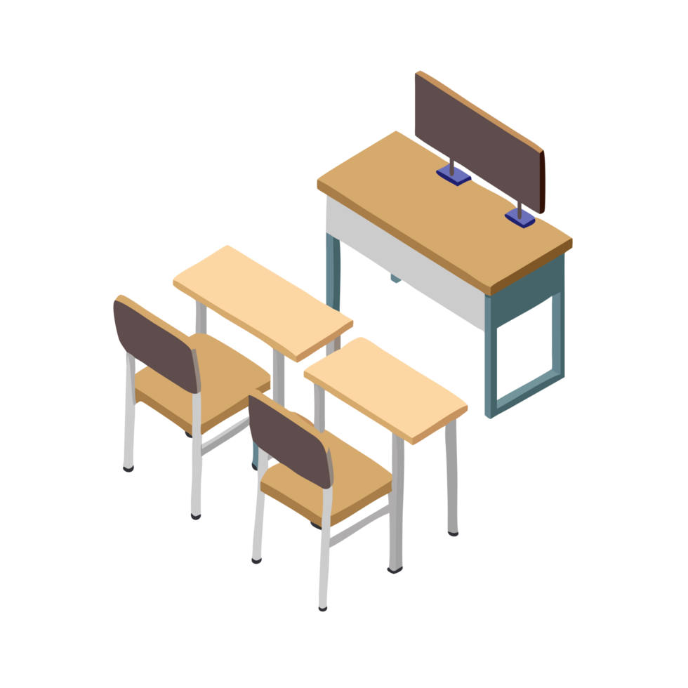 A realistic photo of an empty classroom with desks and chairs educational setting indoor environment wide angle perspective png