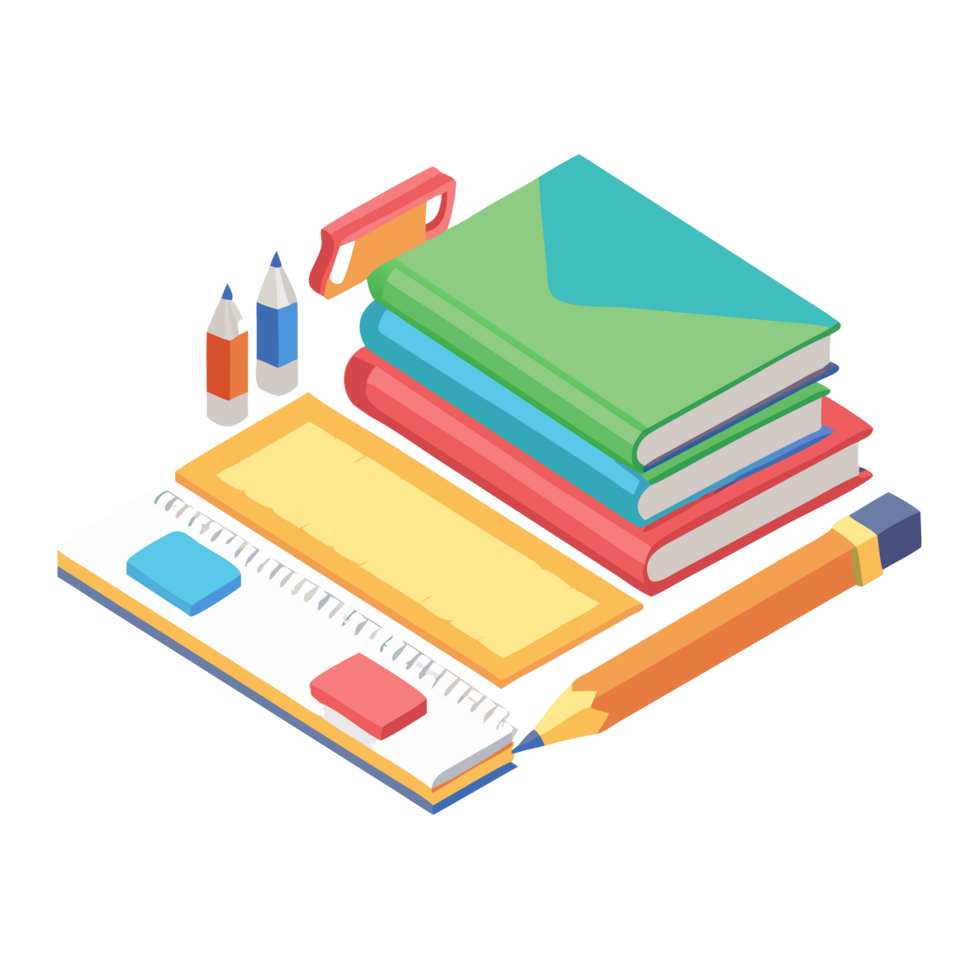 Creative school supplies display classroom digital illustration colorful environment top-down view educational tools png
