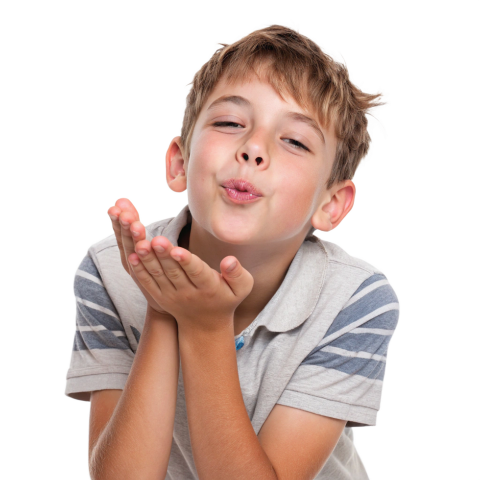 Playful boy blowing a kiss studio setting portrait photography bright lighting close-up shot childhood joy png