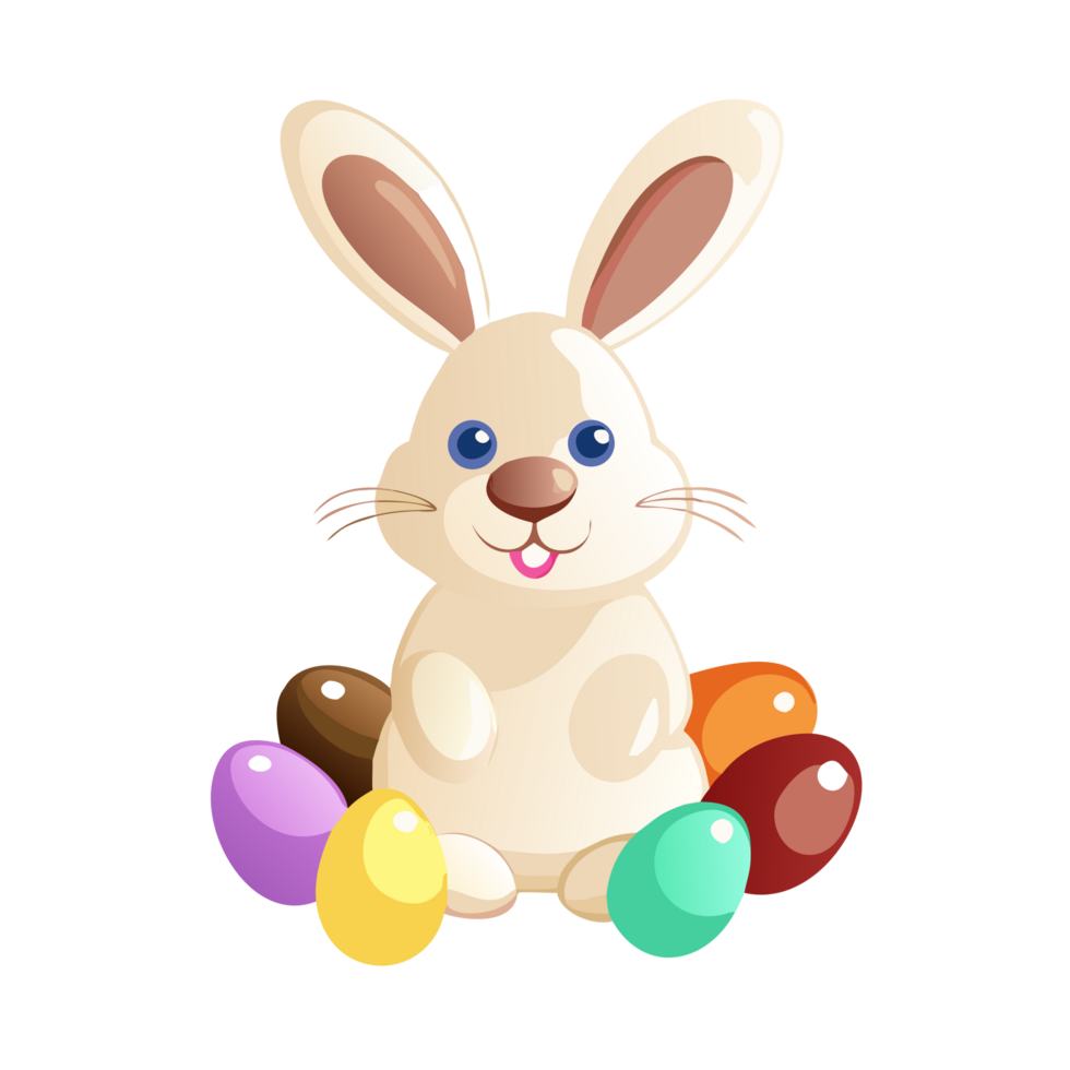 Playful easter bunny surrounded by colorful eggs in a cheerful spring setting whimsical illustration png