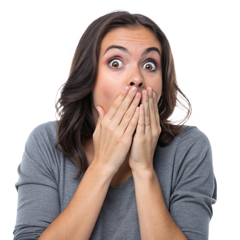 Surprised woman covering her mouth indoor setting portrait natural light close-up expressing shock and awe png