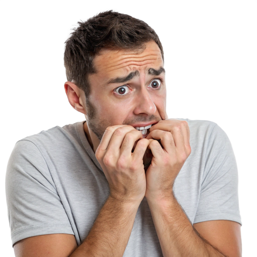 Nervous man biting nails indoor setting emotion capture stressful environment close-up view anxiety concept png