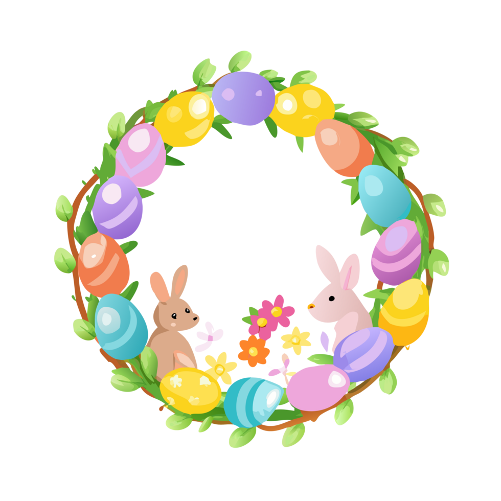 Charming easter wreath with bunnies and colorful eggs spring decor digital art vibrant background playful concept png