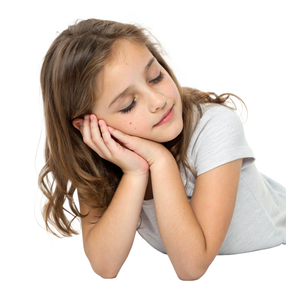 Dreamy girl resting indoor setting portrait photography soft lighting serene ambiance png
