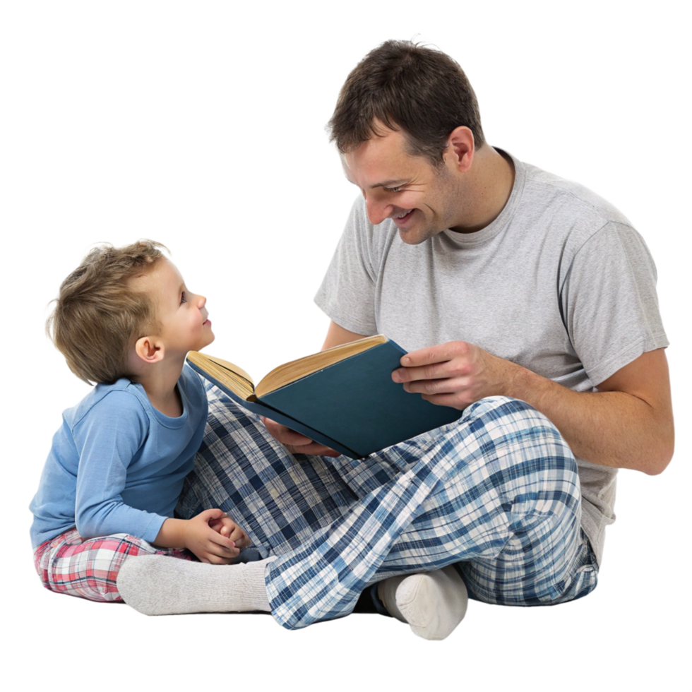 Father reading bedtime story to child at home indoor setting family bonding cozy atmosphere heartwarming moment png
