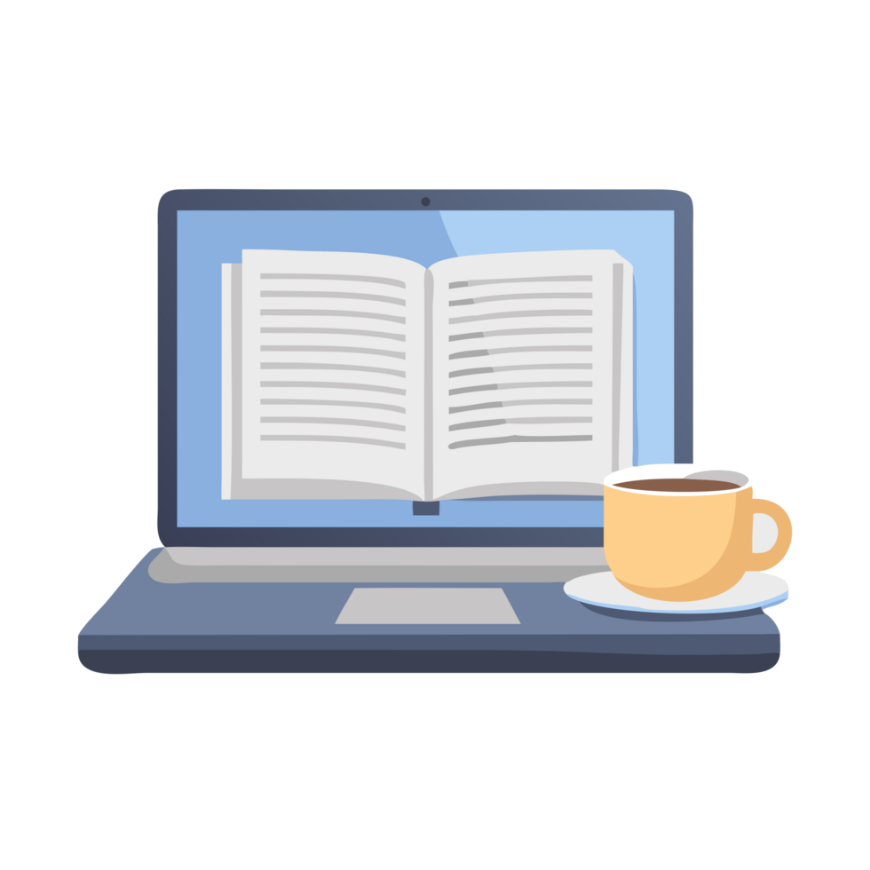Digital workspace setup open laptop with book and coffee cozy home office tech and lifestyle modern viewpoint png