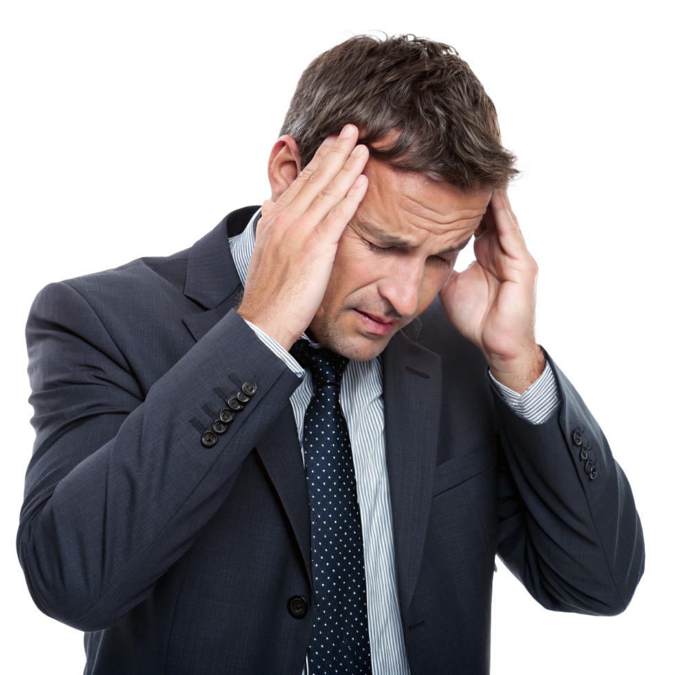 Stressed businessman in office environment corporate setting realistic photo emotional strain and pressure png