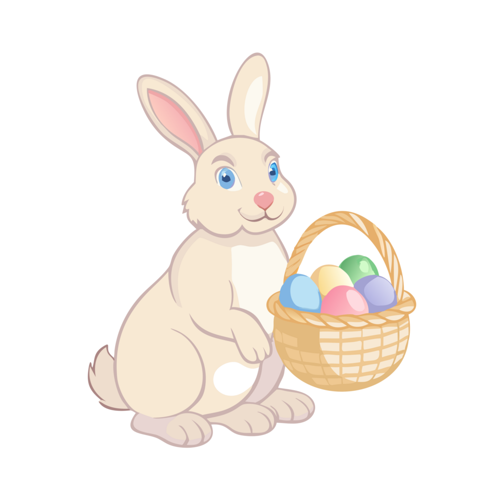 Easter rabbit with colorful egg basket spring meadow digital illustration whimsical cute perspective festive concept png
