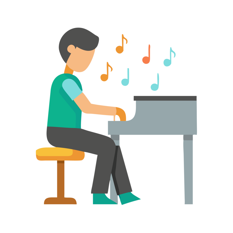 Student playing piano in a cozy room digital illustration joyful atmosphere side view creative expression png