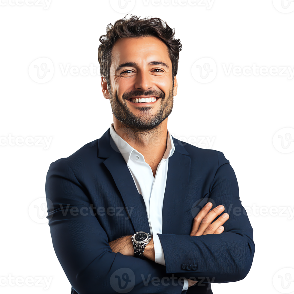 A man in a suit smiling with his arms crossed png