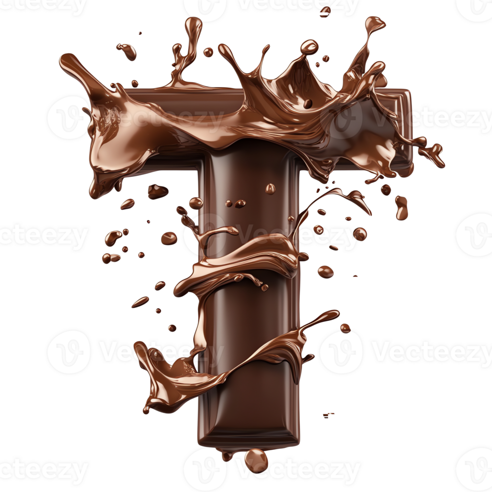 Chocolate Letter T Melts and Splashes Dynamically, Delicious Dessert Decadence Shown. png