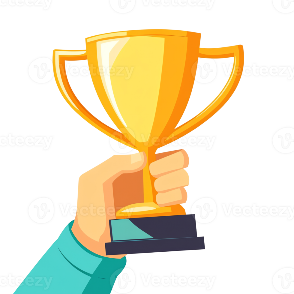 Achieve Victory Hand Holding Golden Trophy, Celebrating Success, Triumphantly Winning Competition, Skillfully Earned Award, Ultimate Prize. png