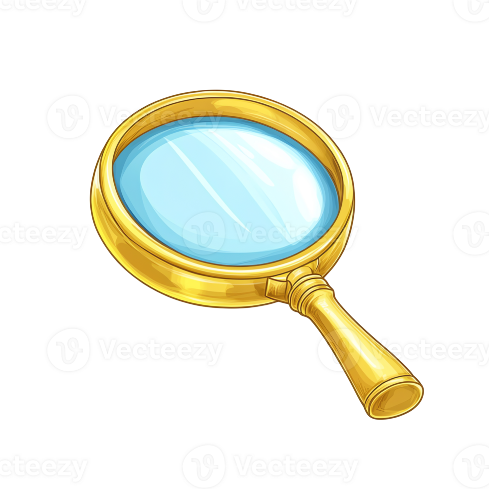 Magnifying glass drawing with golden frame and clear lens illustration png