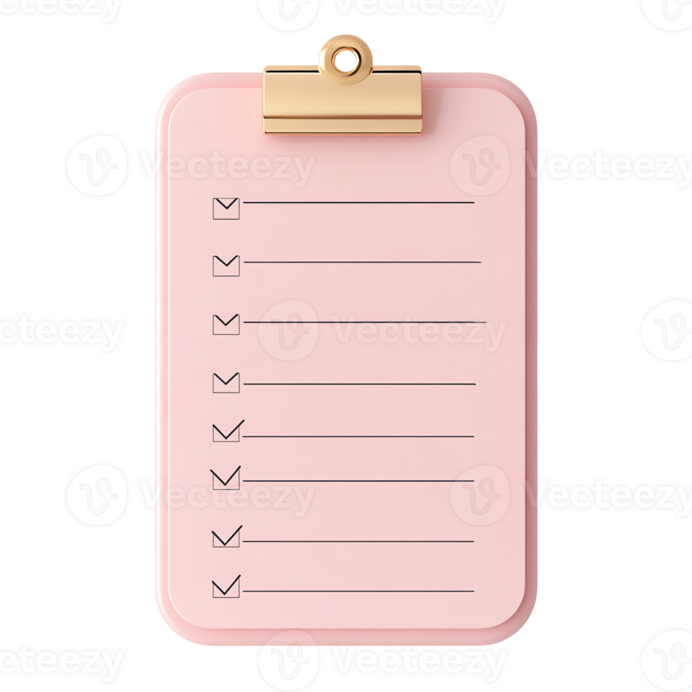 Pink Clipboard with Checklist, Checkmarks, and Gold Clip on Black Background png