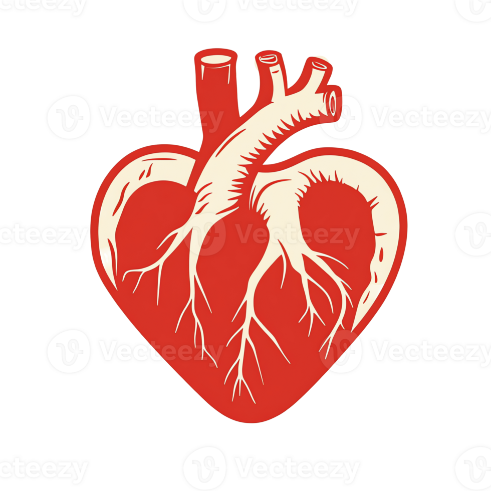 Heart illustration in red and beige with internal structure detail png
