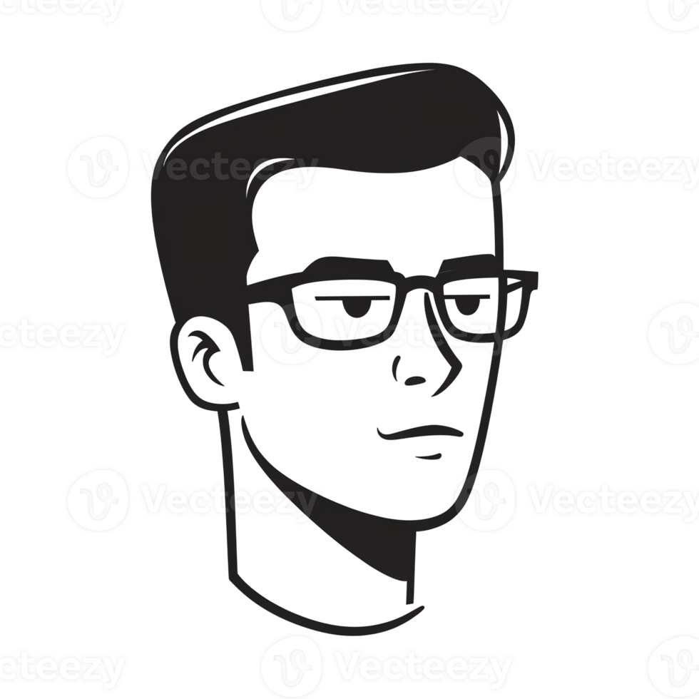 Illustrated Person Wearing Glasses Head Silhouette on Black Background png