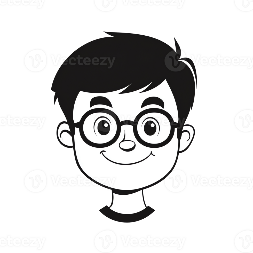 Smiling Cartoon Boy Wearing Glasses Illustration in black color on isolated Background png
