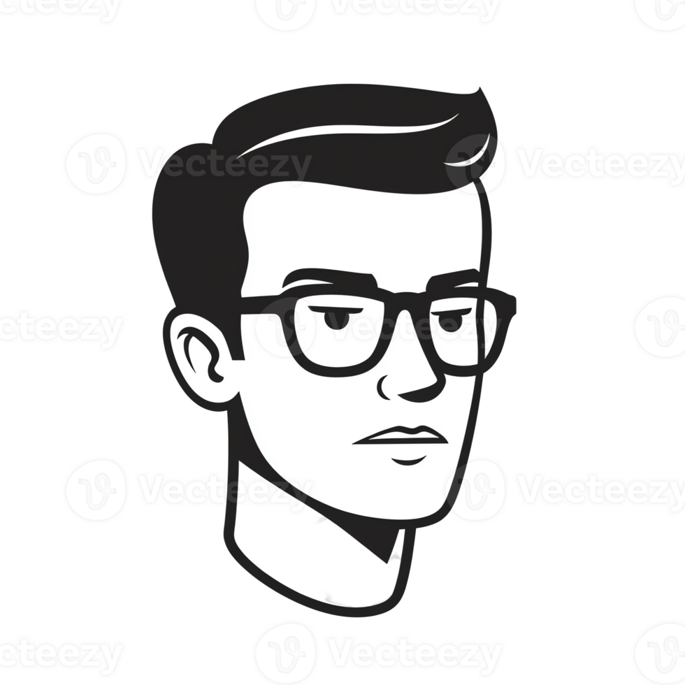 Cartoon Man with Glasses Portrait Against Black Background Graphic Art png