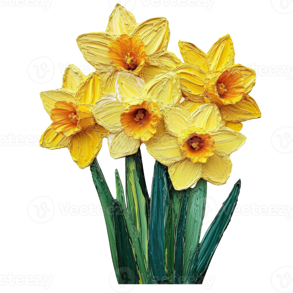 a bouquet of vibrant yellow daffodils with green stems and leaves, a spring garden still life png