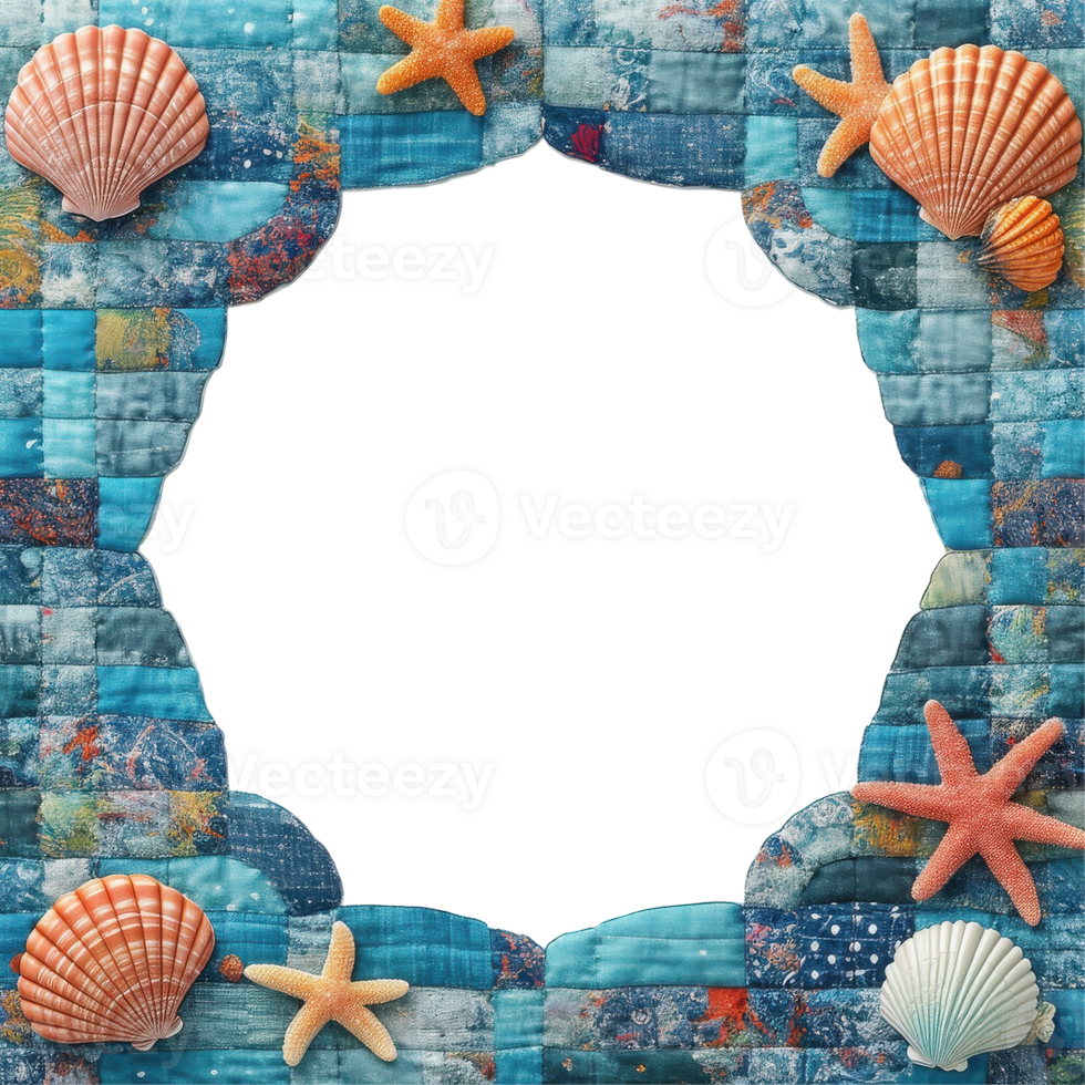 a whimsical frame made of patchwork fabric and adorned with seashells and starfish, perfect for adding a touch of seaside charm png