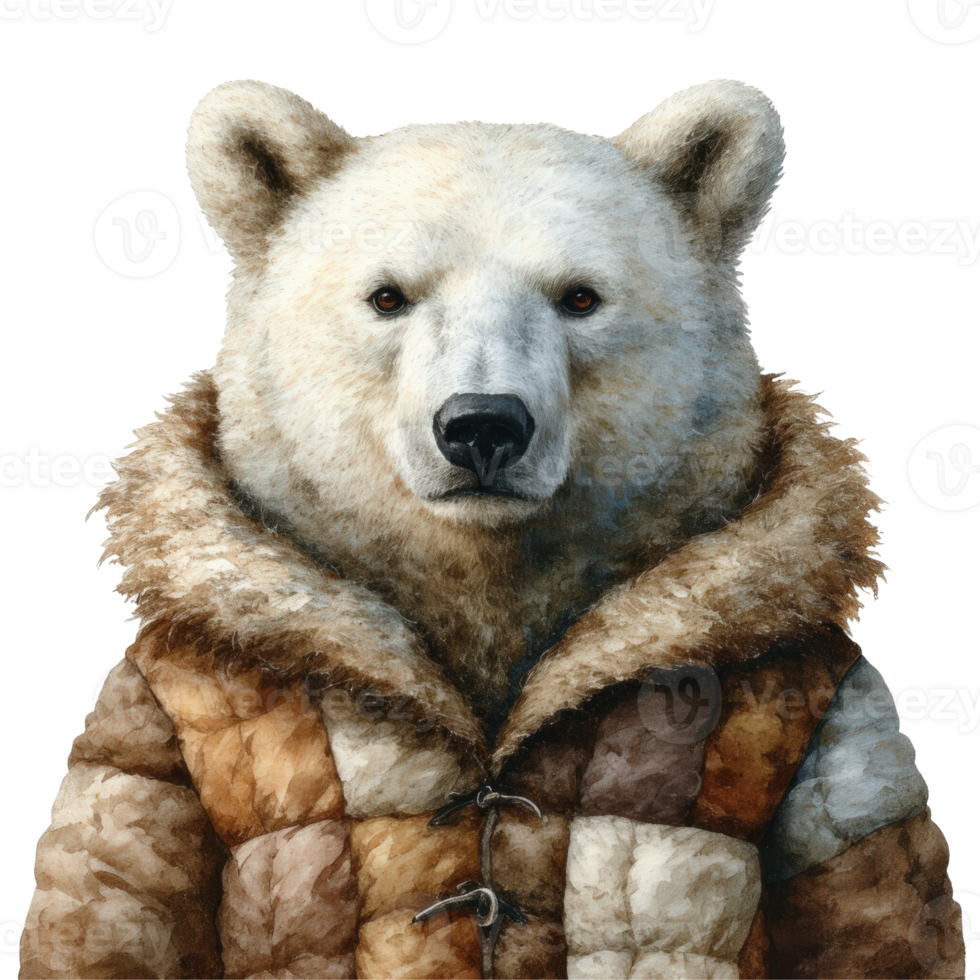 a polar bear wearing a winter jacket, staring at the viewer with a serious expression png