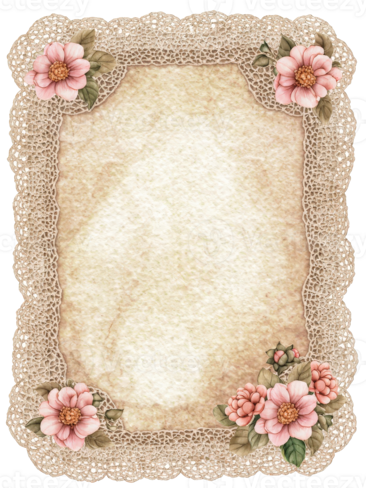 a vintage frame with delicate lace and floral decorations. It has a rustic and elegant feel with a blank center for text or images png