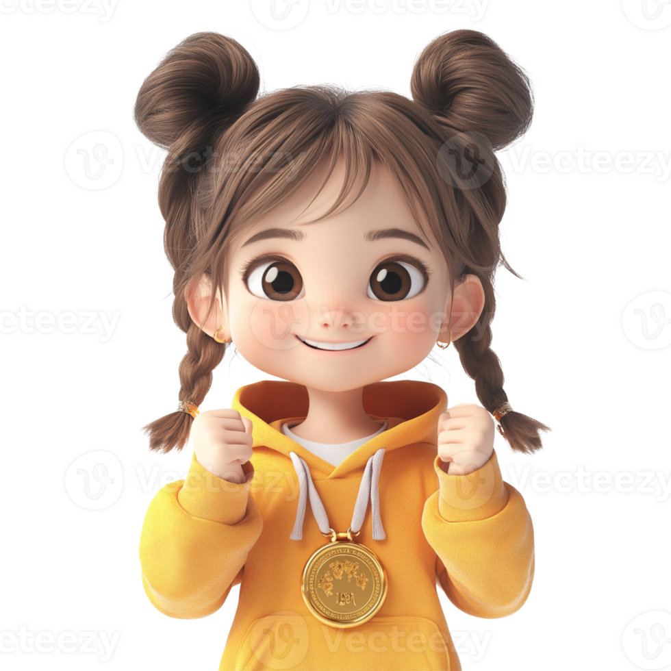 Cheerful Animated Girl with Gold Medal png