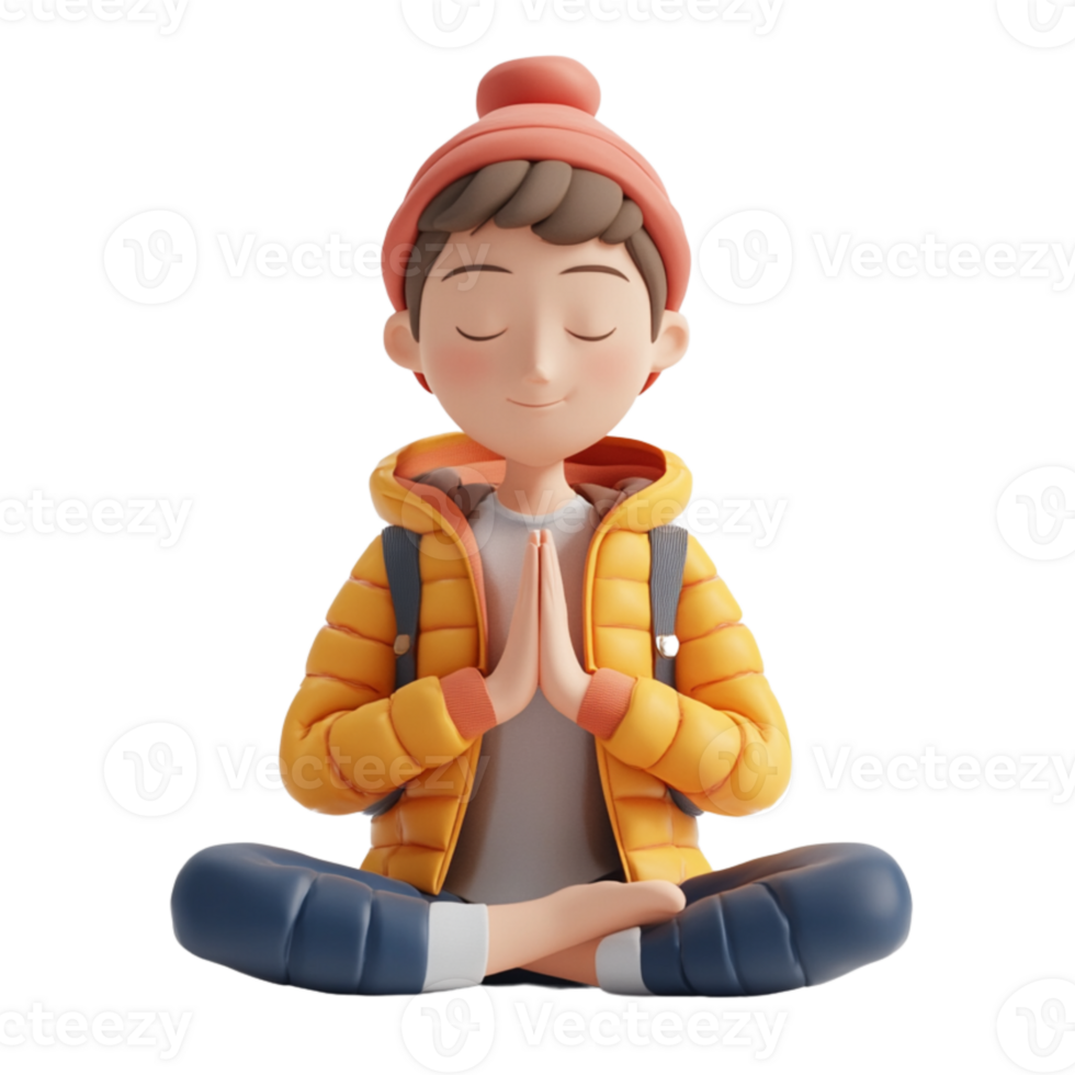 3 Dimensions Illustration of Meditating Person in Yellow Jacket png