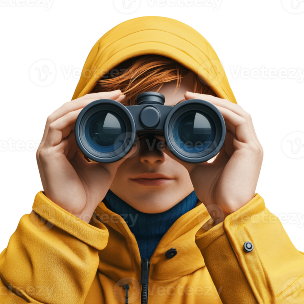 Person in Yellow Raincoat with Binoculars png