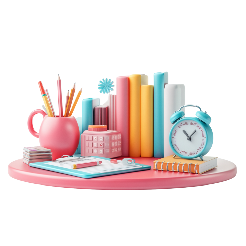 Colorful Study Desk with Books and Alarm Clock png
