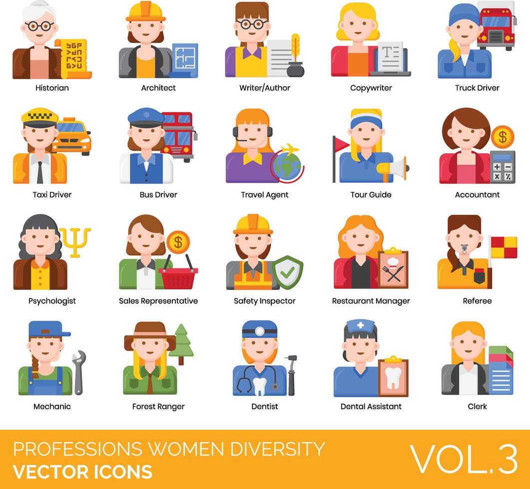 Profession women diversity icons set vector