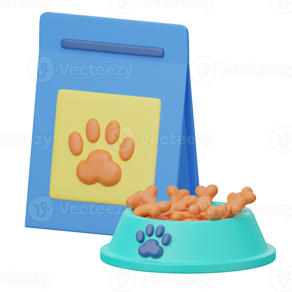 A blue bowl with a dog's paw print and a bag of food png