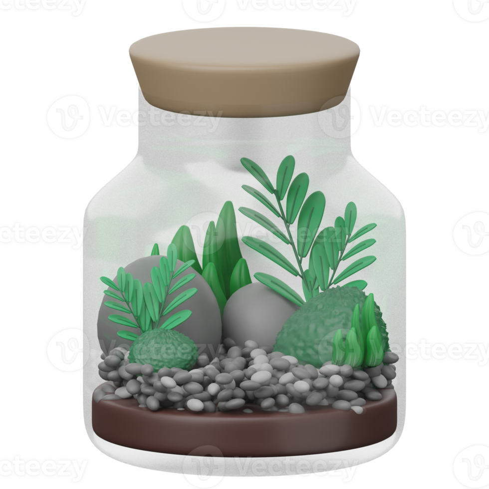 A glass jar with plants and rocks inside png