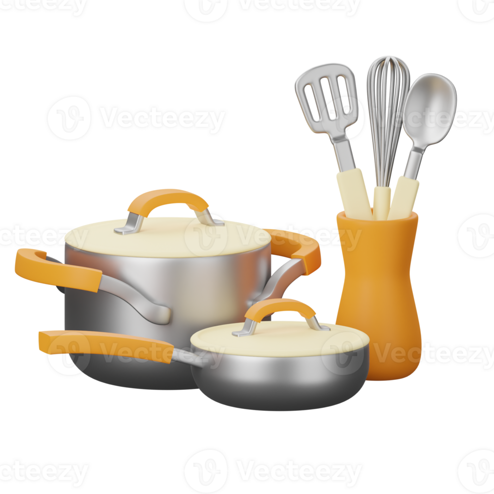 A set of pots and pans with a yellow handle png